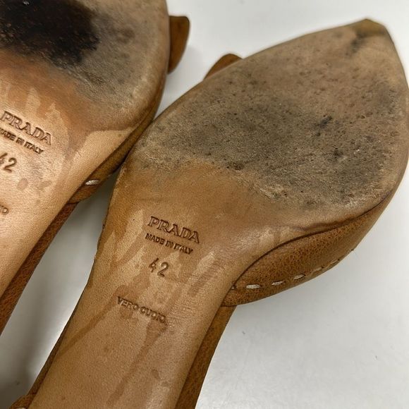 Prada Heels Low Kitten Heel Pointed Toe Buckle Suede in Light Brown Size 42 12 - Picture 15 of 16